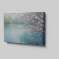 Framed canvas print of Cherry Blossoms by a Tranquil Lake with Pastel Colours