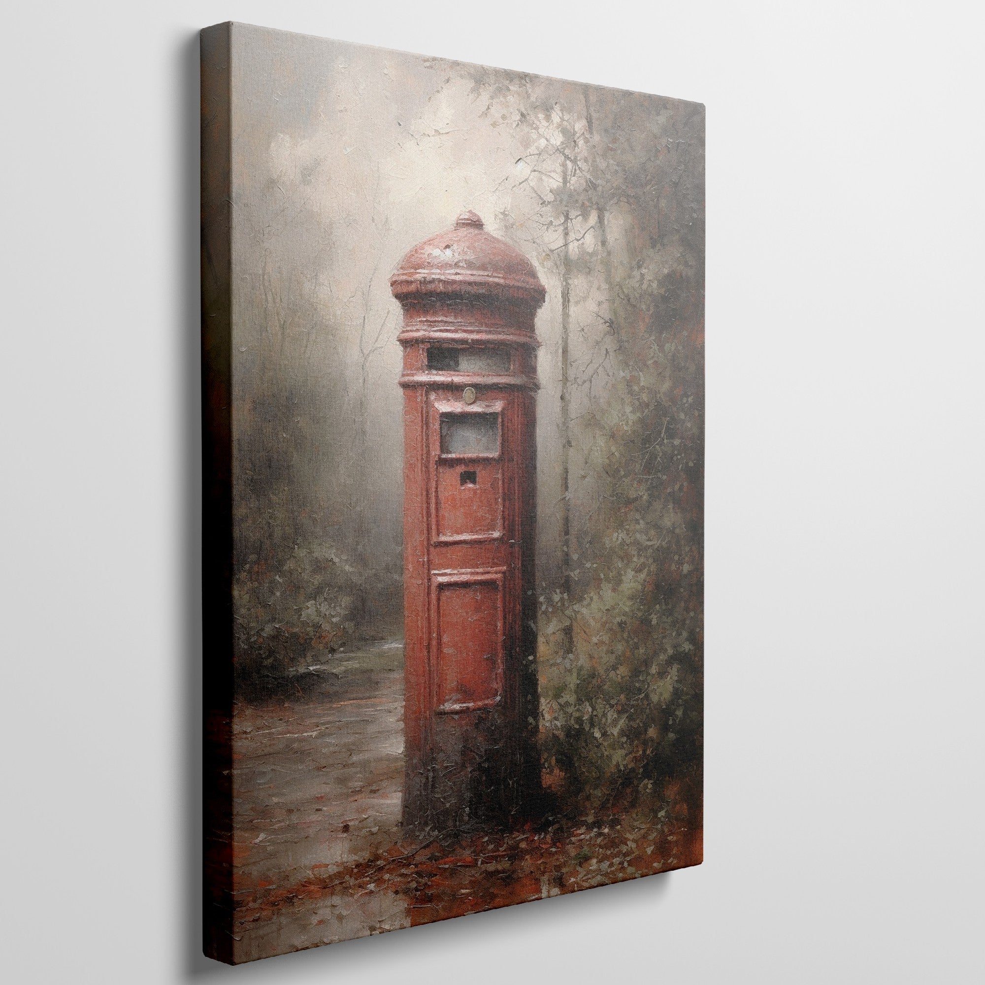 Framed canvas print of an impressionist painting featuring a vintage British red postbox with rustic autumnal background