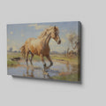 Framed canvas print of a vibrant horse wading in water with sunlit pasture and reflection