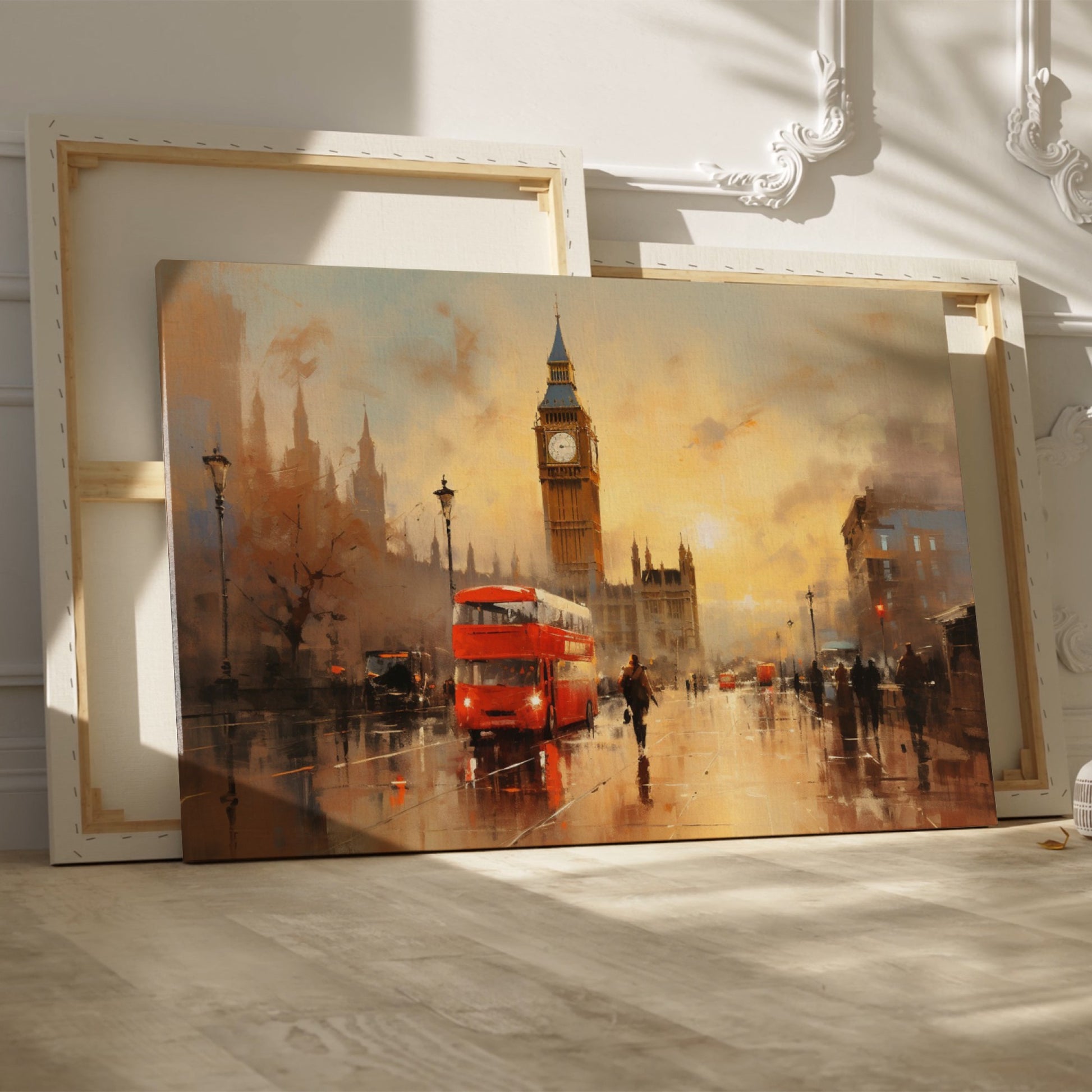 Framed canvas print of an impressionistic London cityscape featuring Big Ben and a red double-decker bus at sunset