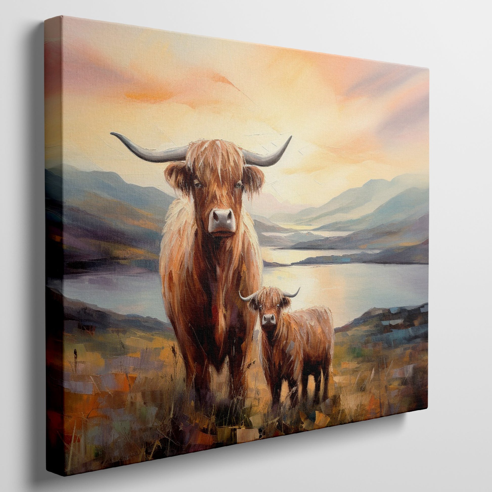 Framed canvas print of Highland cattle in a scenic landscape at sunset with warm hues