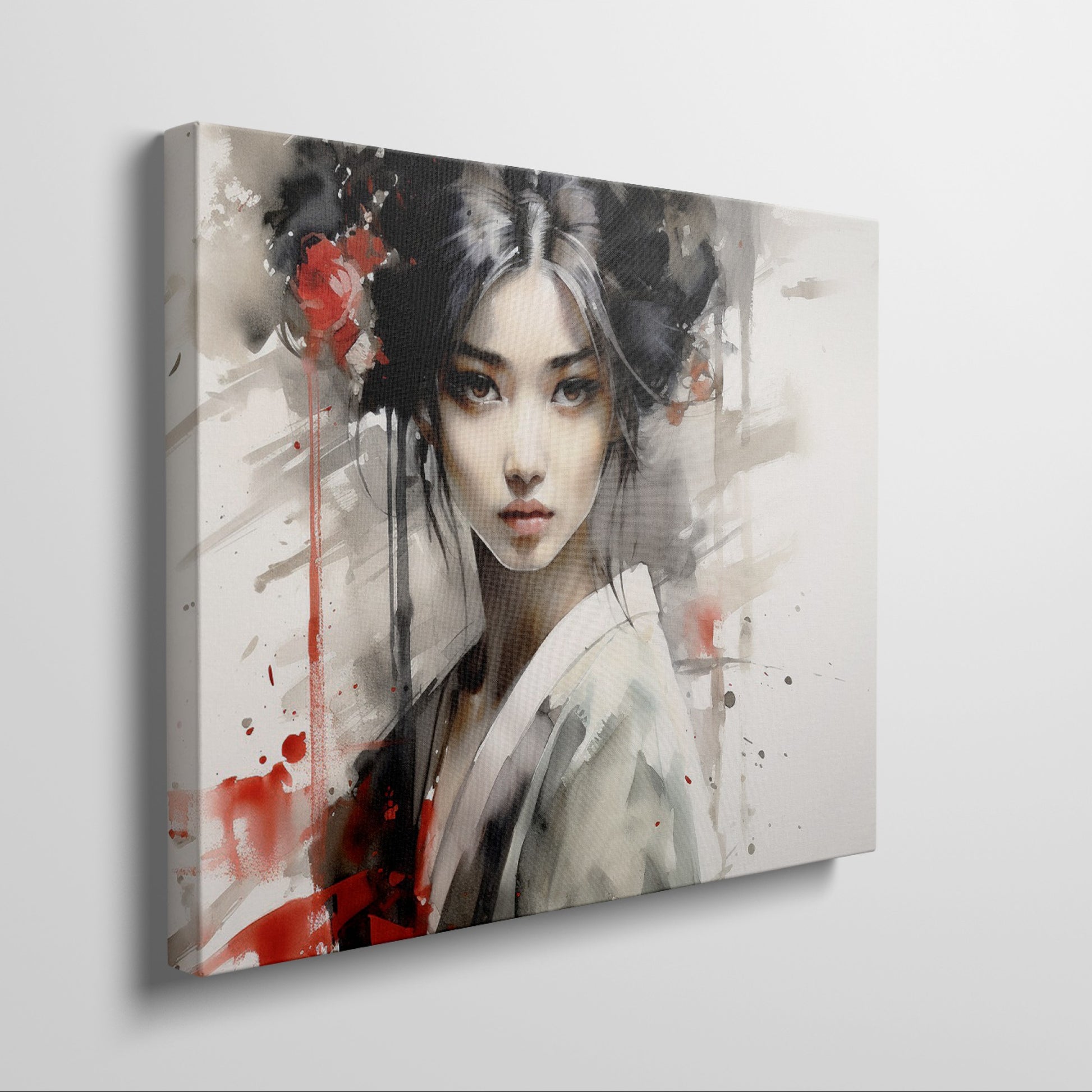 Framed canvas print of ethereal geisha in modern ink style with red accents