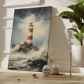 Framed canvas print of a lighthouse on rocky shores with turbulent waves and stormy sky