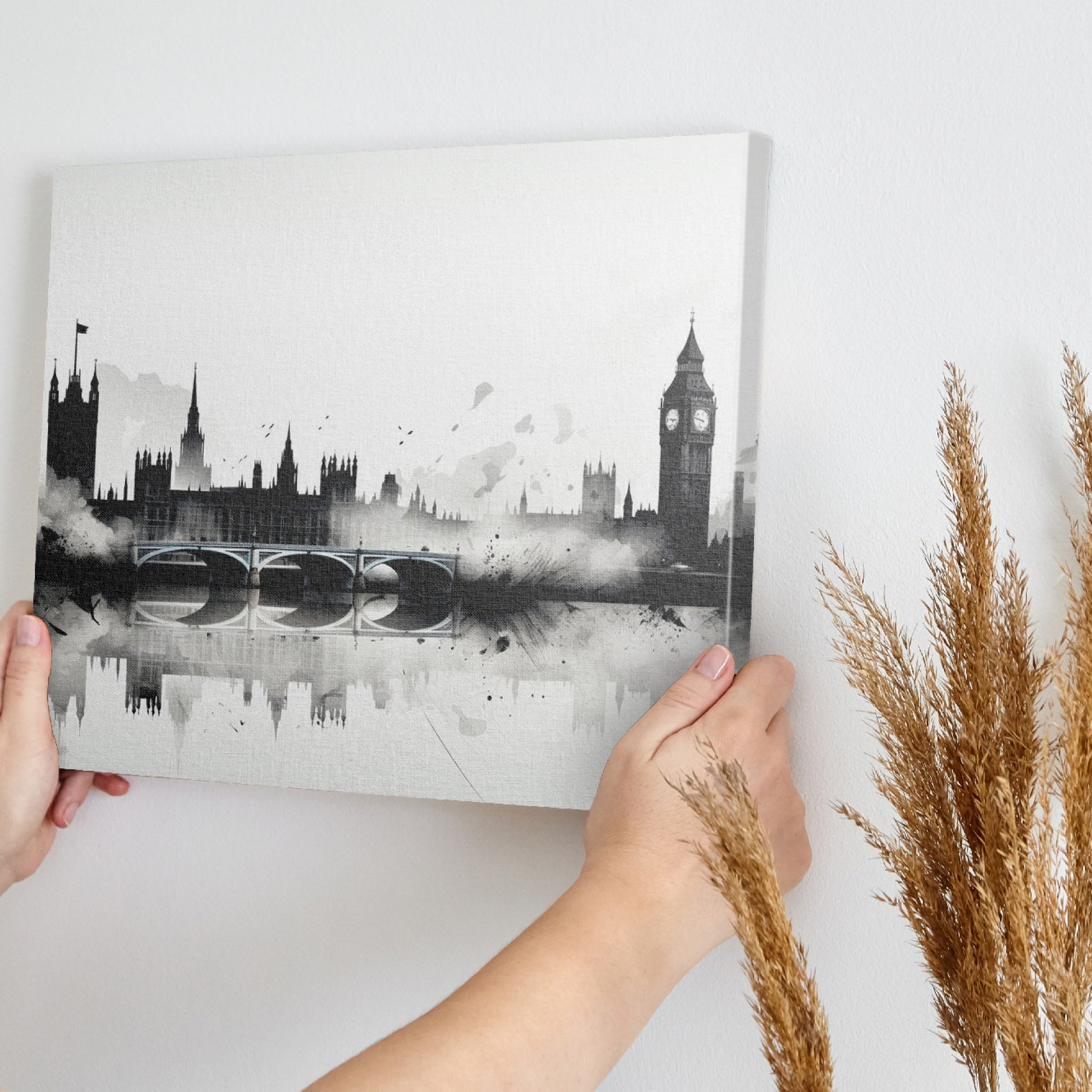 Framed canvas print of monochrome watercolour London skyline with Big Ben and Westminster