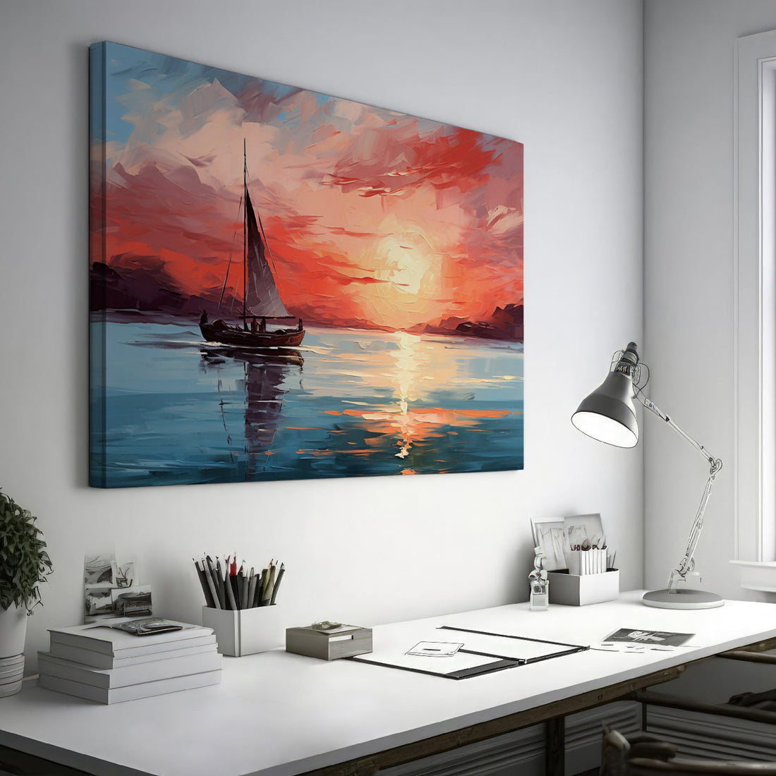 Impressionist style painting of a sailing boat on a tranquil sea at sunset with vivid red and blue tones