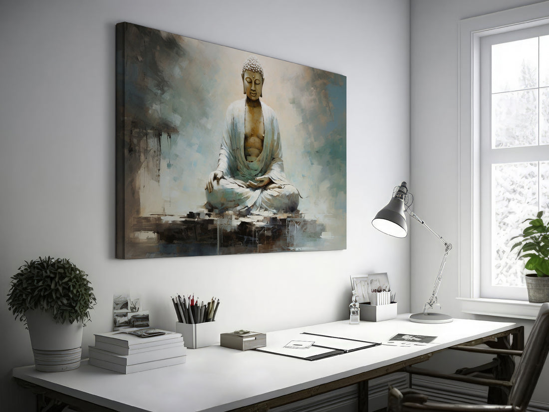 Framed canvas print of a serene Buddha in meditation with abstract, earthy tones