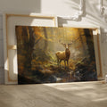 Framed canvas print of a majestic stag in a sunlit autumn forest with golden foliage