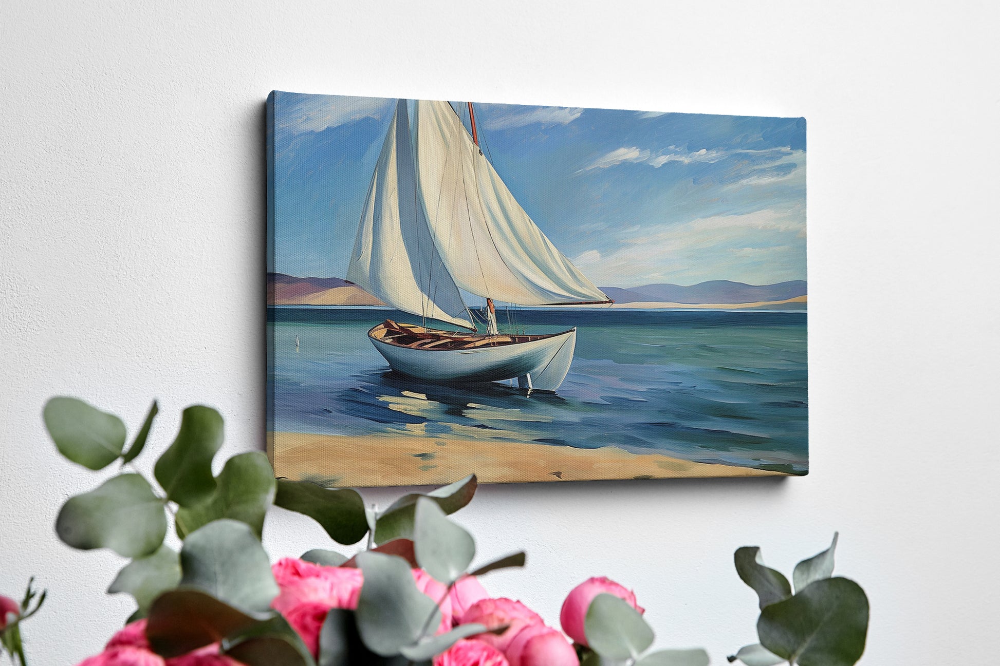 Framed canvas print of a serene sailboat seascape with vivid blue ocean and sky