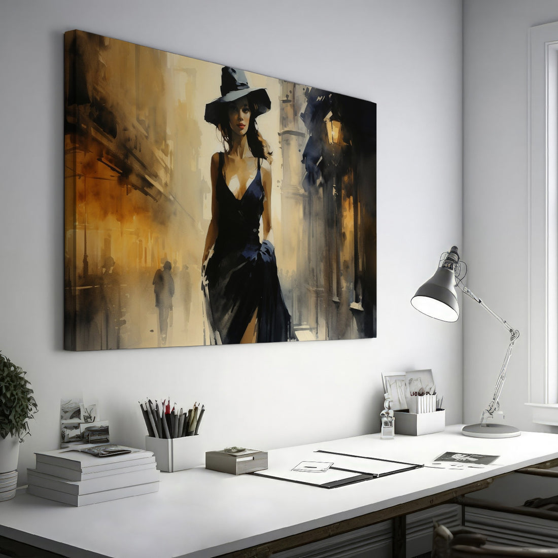 Framed canvas print of an elegant woman in a black dress with a sepia-toned urban street scene background