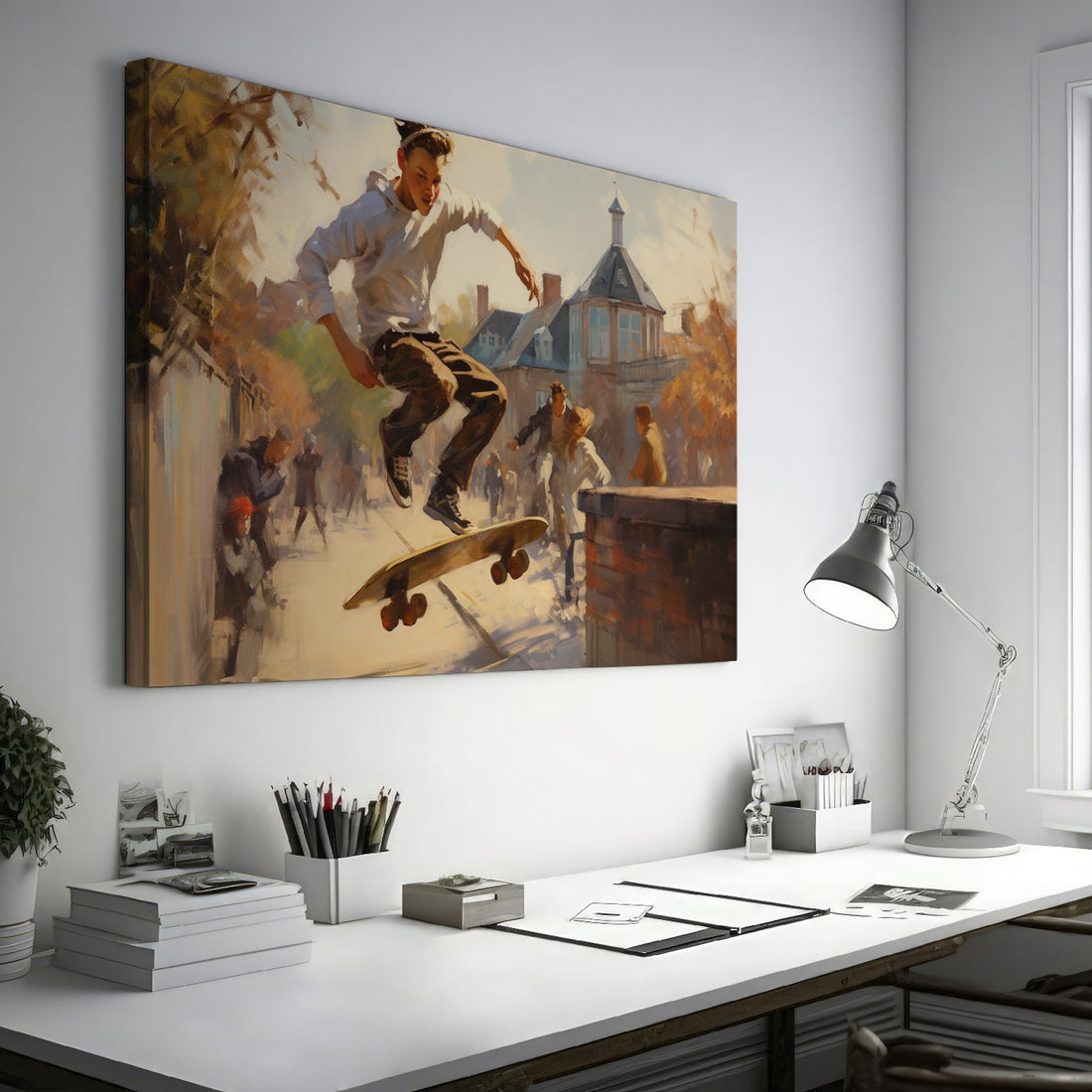 Framed canvas print of an impressionist urban scene with a skateboarder performing a trick in sunlight