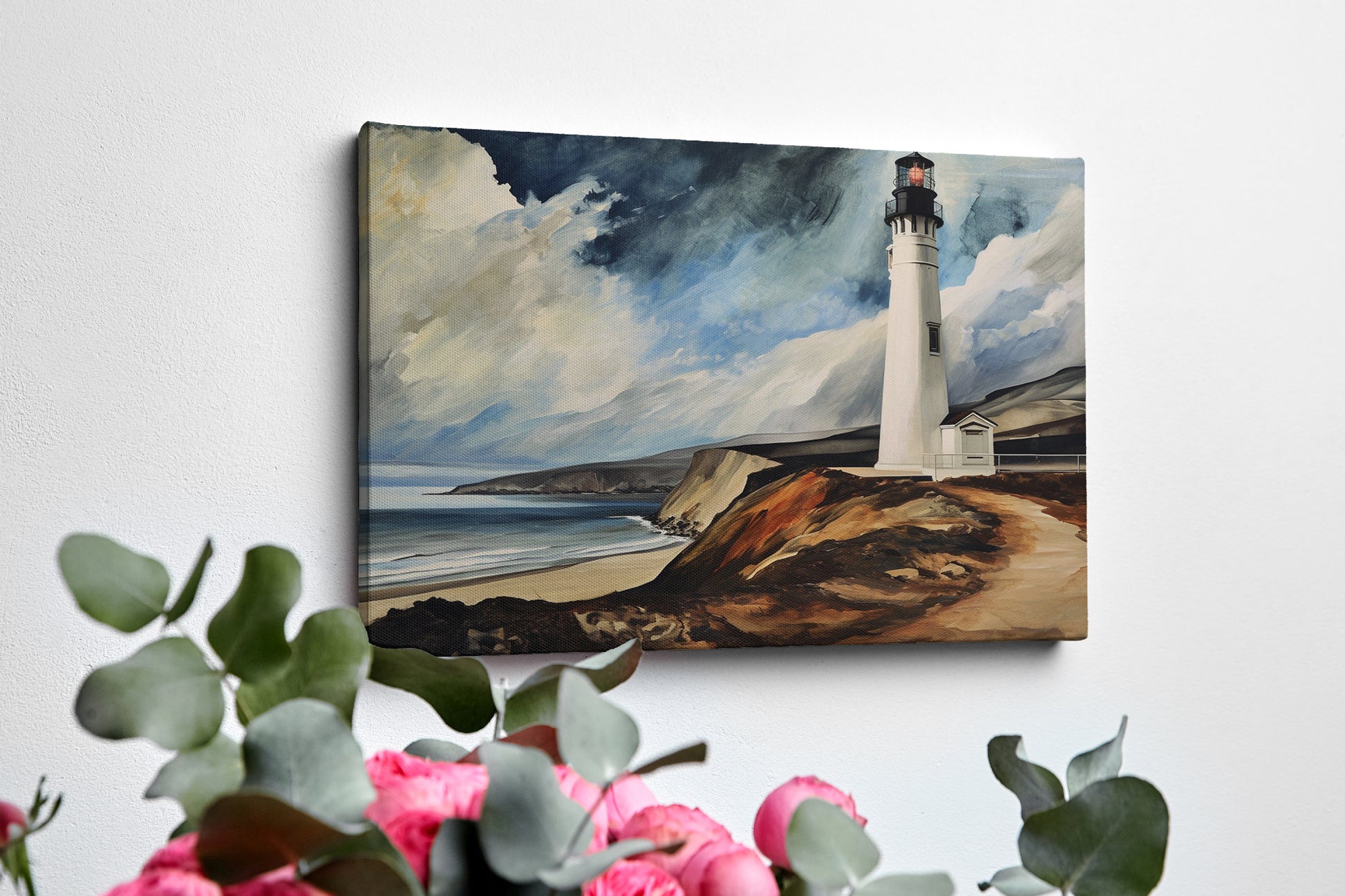 Framed canvas print of a lighthouse by the ocean with dramatic clouds and coastal cliffs