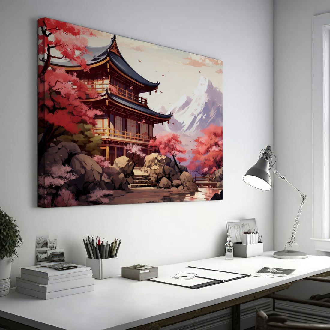 Illustrated canvas print of a traditional Japanese pagoda surrounded by cherry blossoms with a mountainous backdrop