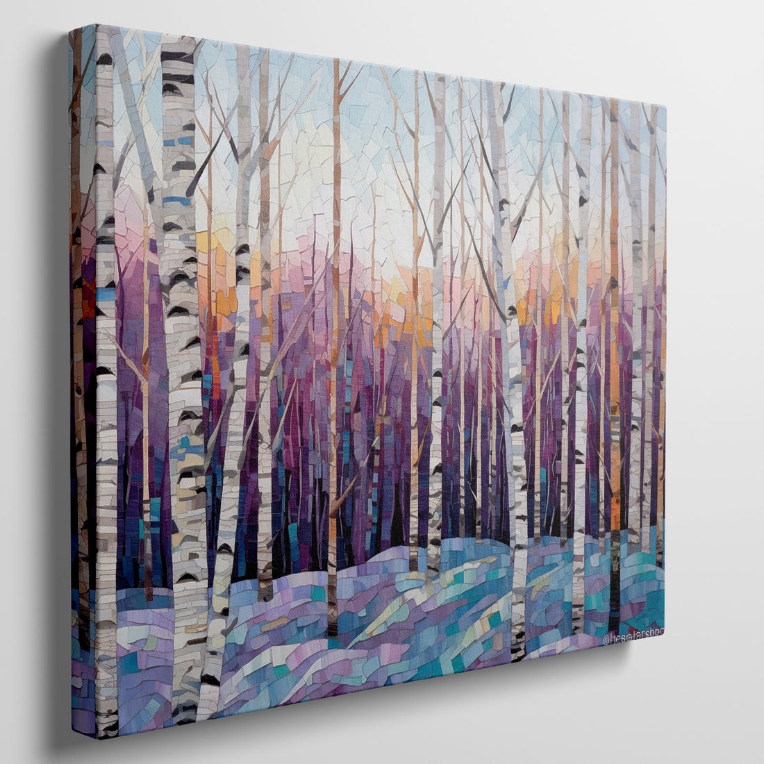 Framed canvas print of a vibrant geometric mosaic depicting an abstract birch forest with coloured leaves and sunset backdrop
