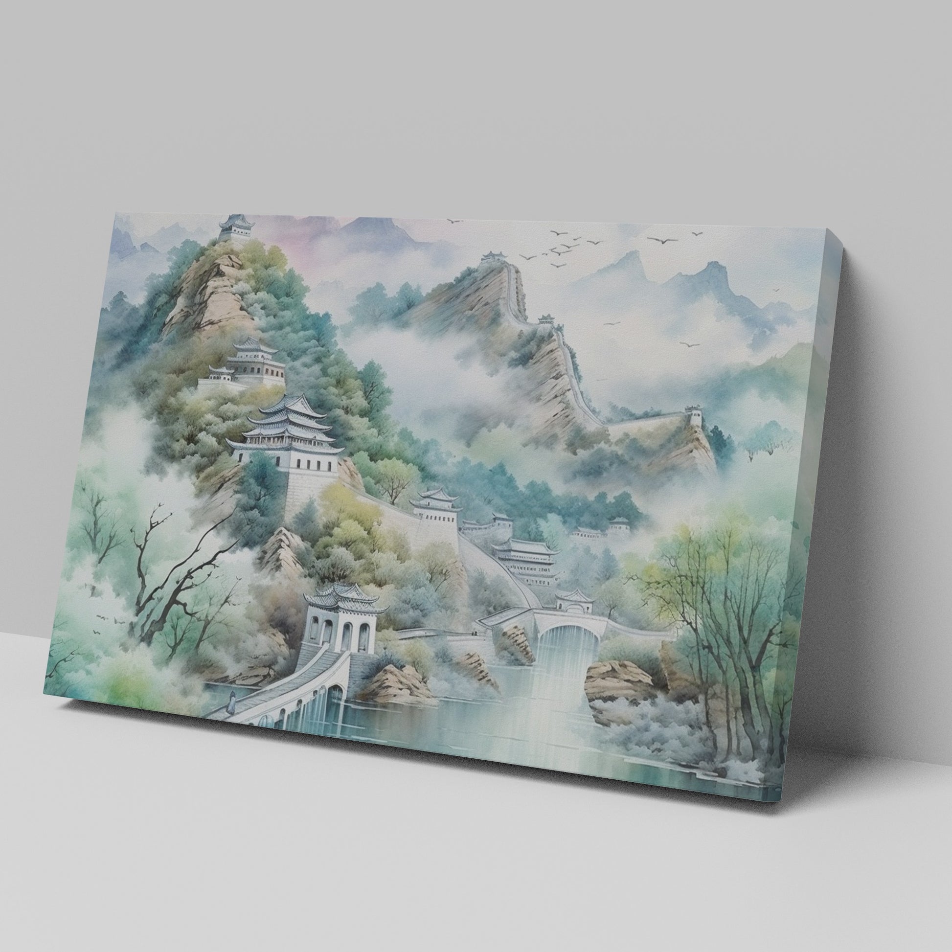 Framed canvas print of a tranquil Chinese landscape with misty mountains and historical architecture