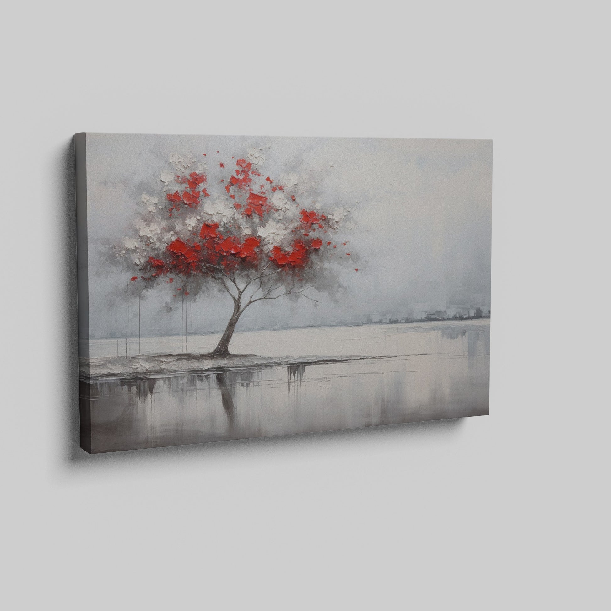 Abstract painting of a lone tree with red and white leaves reflected in water against a grey backdrop