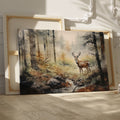 Framed canvas print of a majestic stag in a misty woodland with autumn colours