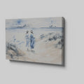 Watercolour painting of two figures in blue dresses walking towards a coastal landscape with a distant city