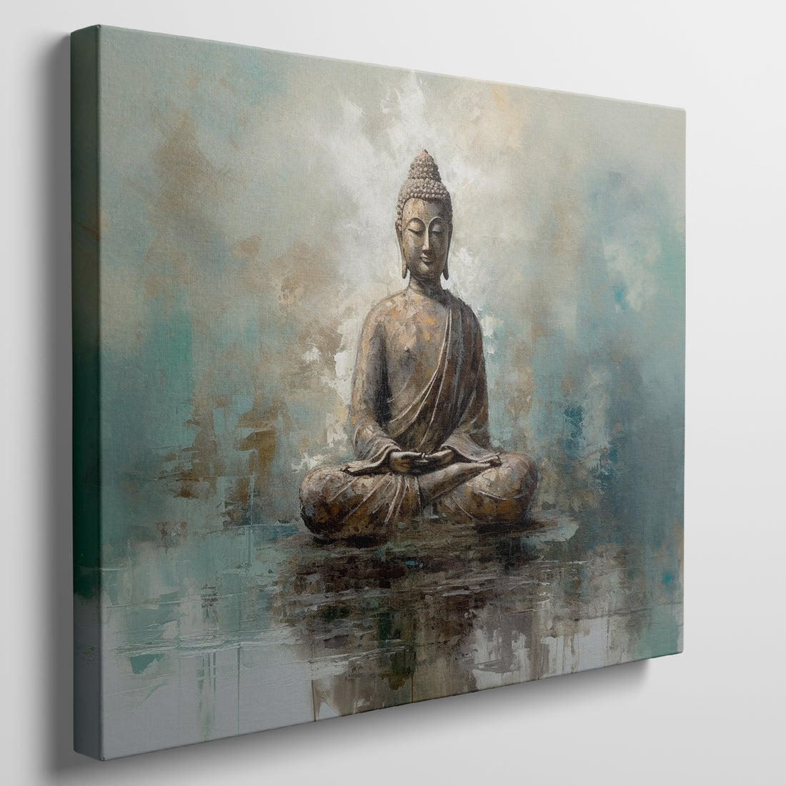 Framed canvas print of tranquil Buddha with abstract blue and beige background