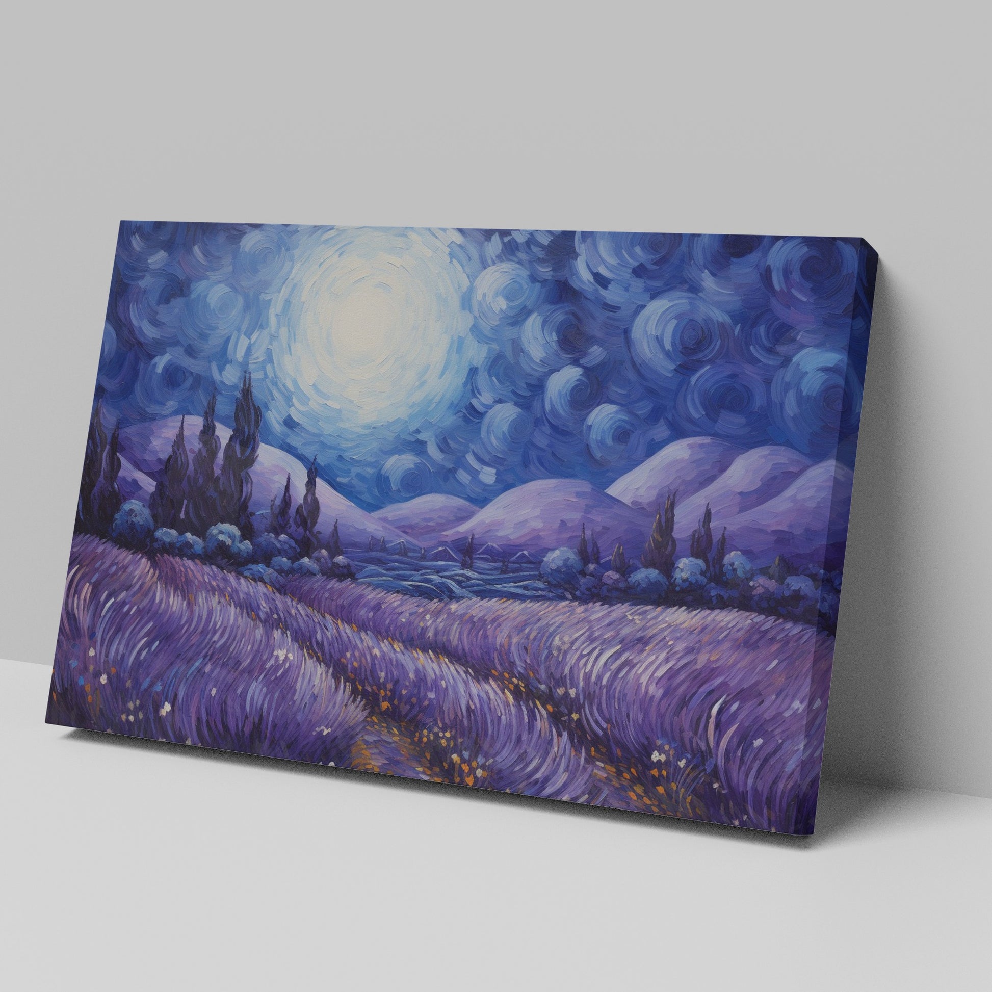 Framed canvas print of an impressionist-inspired landscape with lavender fields and swirling night sky