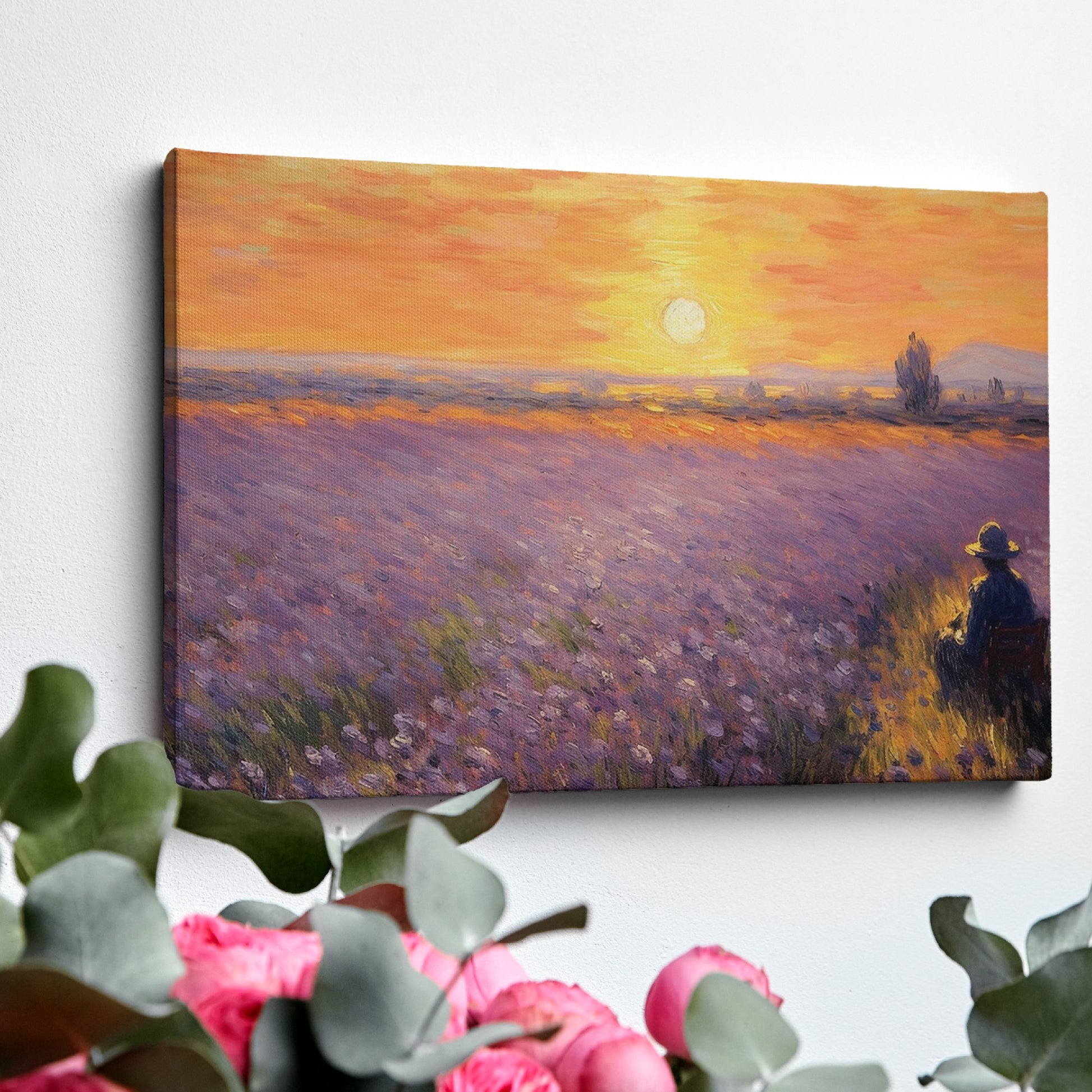 Framed canvas print of an impressionist lavender field with a person at sunset displaying warm sunset colours