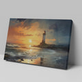 Framed canvas print of an impressionistic lighthouse seascape with vibrant sunset hues