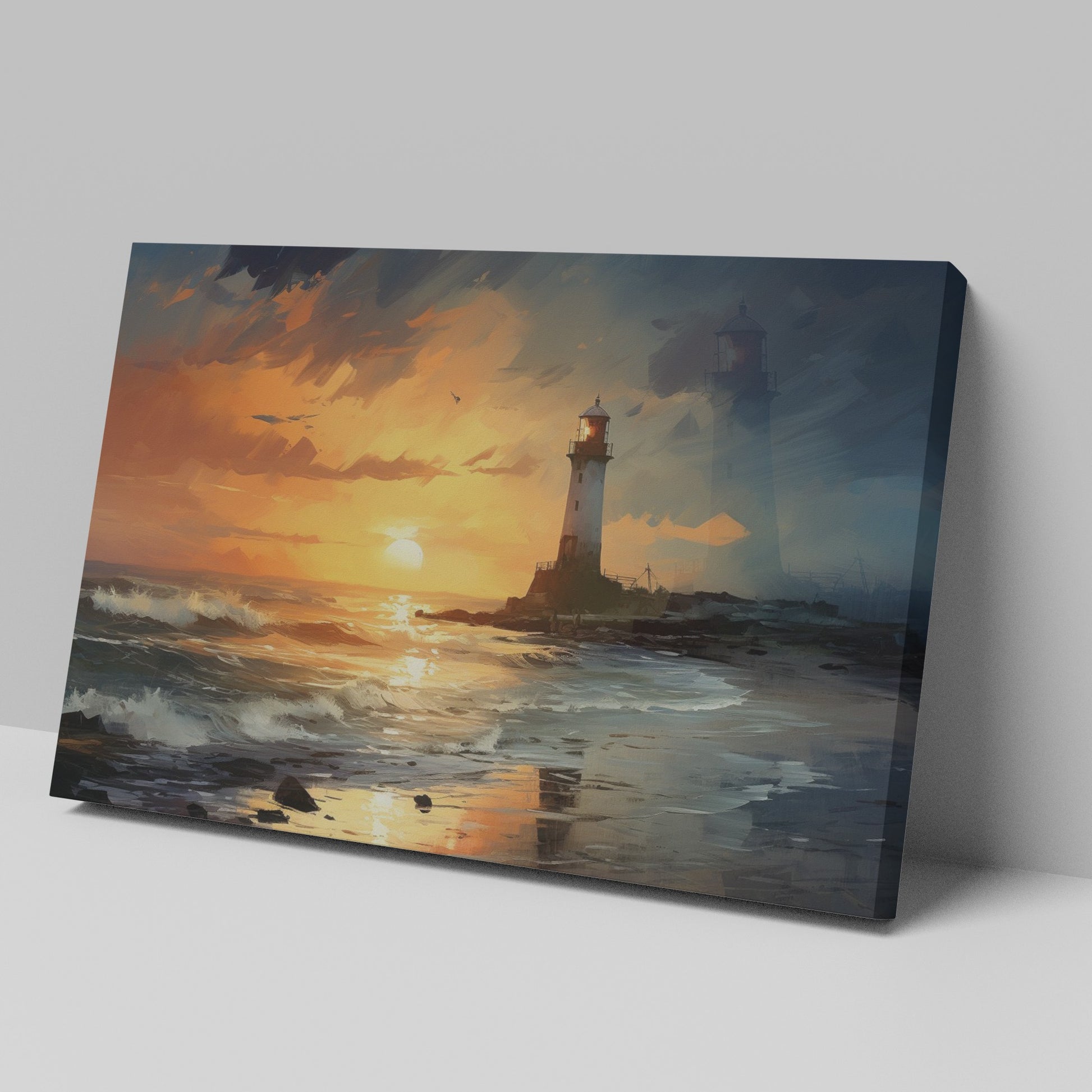 Framed canvas print of an impressionistic lighthouse seascape with vibrant sunset hues