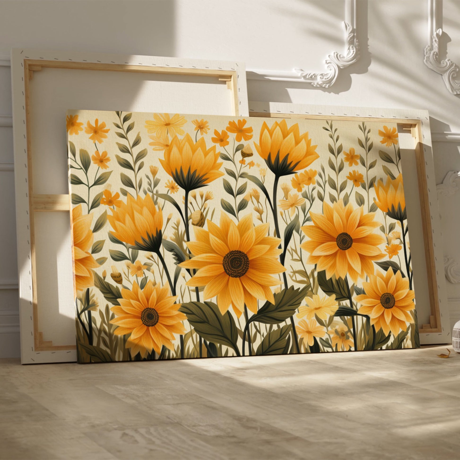 Framed canvas print of golden sunflowers and green foliage on a neutral background