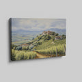 Framed canvas print of a tranquil Tuscan vineyard with rolling hills and Italian country houses