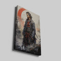 Framed canvas print of a samurai warrior in traditional Japanese attire with a red crescent background