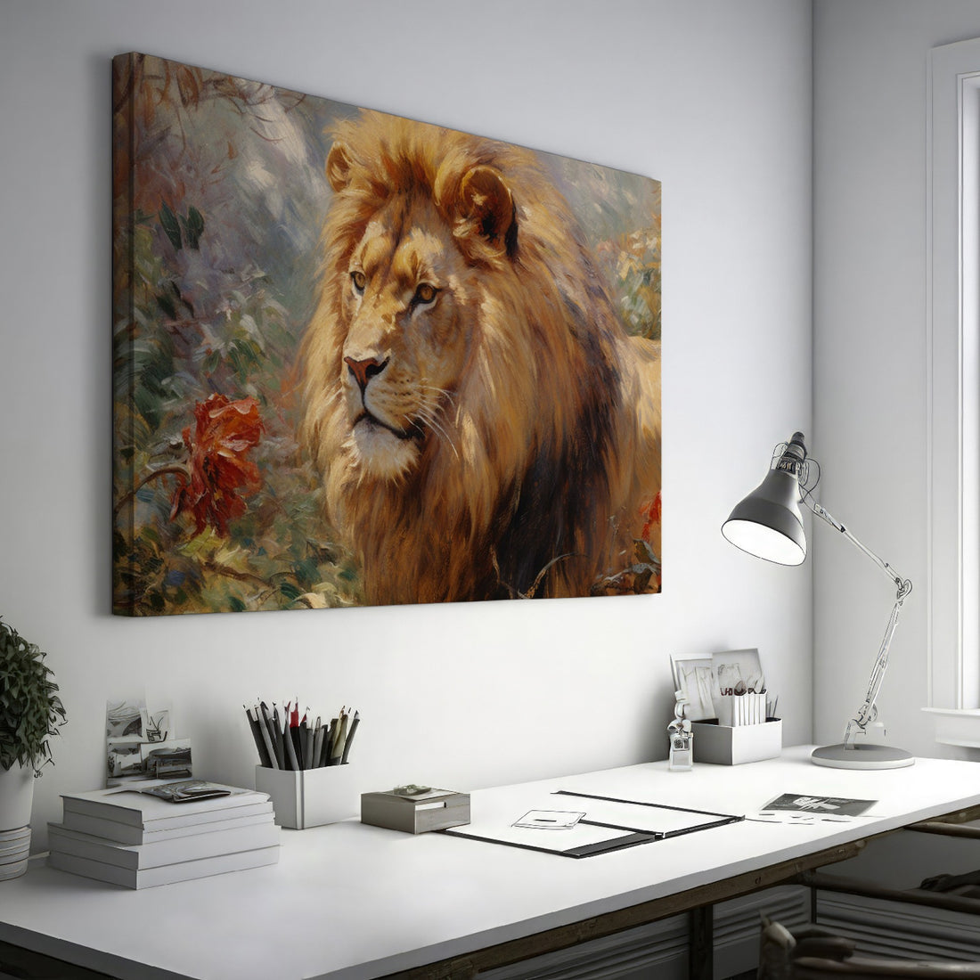 Framed canvas print of a realistic lion showcasing golden and warm earth tones, with detailed brushwork and a serene expression.