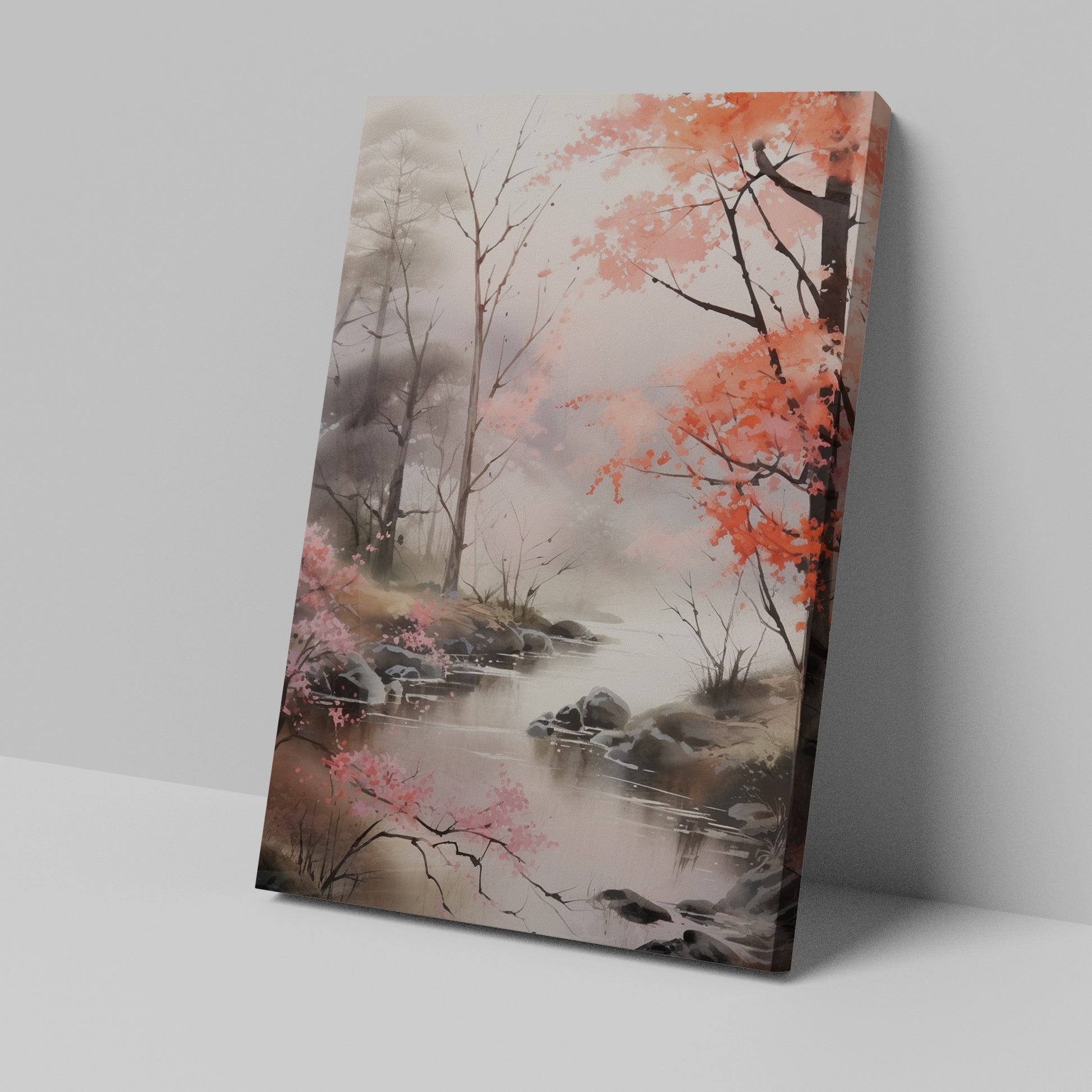 Framed canvas print of a misty forest stream with autumn cherry blossoms in pink and grey hues