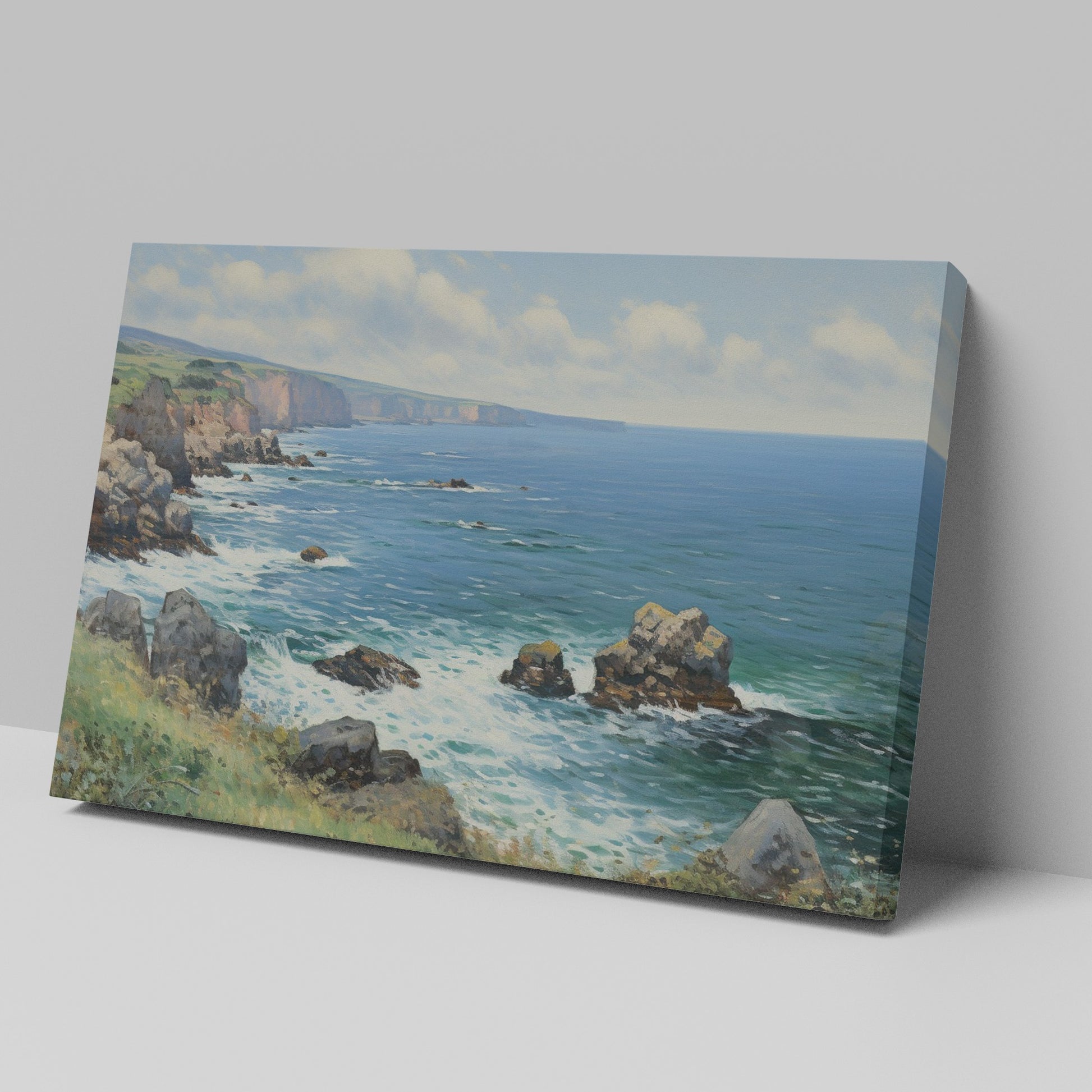 Framed canvas print of a stunning coastal cliff landscape with blue ocean and sunny skies