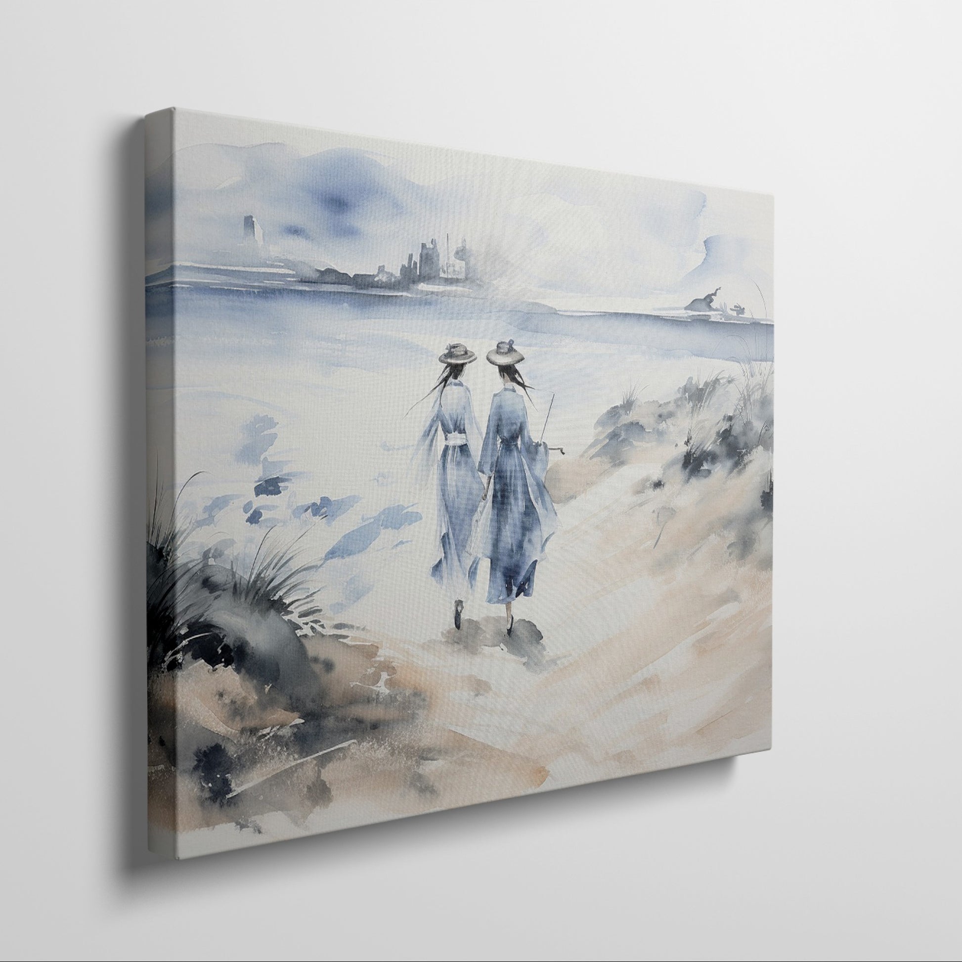 Watercolour painting of two figures in blue dresses walking towards a coastal landscape with a distant city