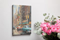 Framed canvas print of nostalgic New York street scene with vintage cars and historic buildings