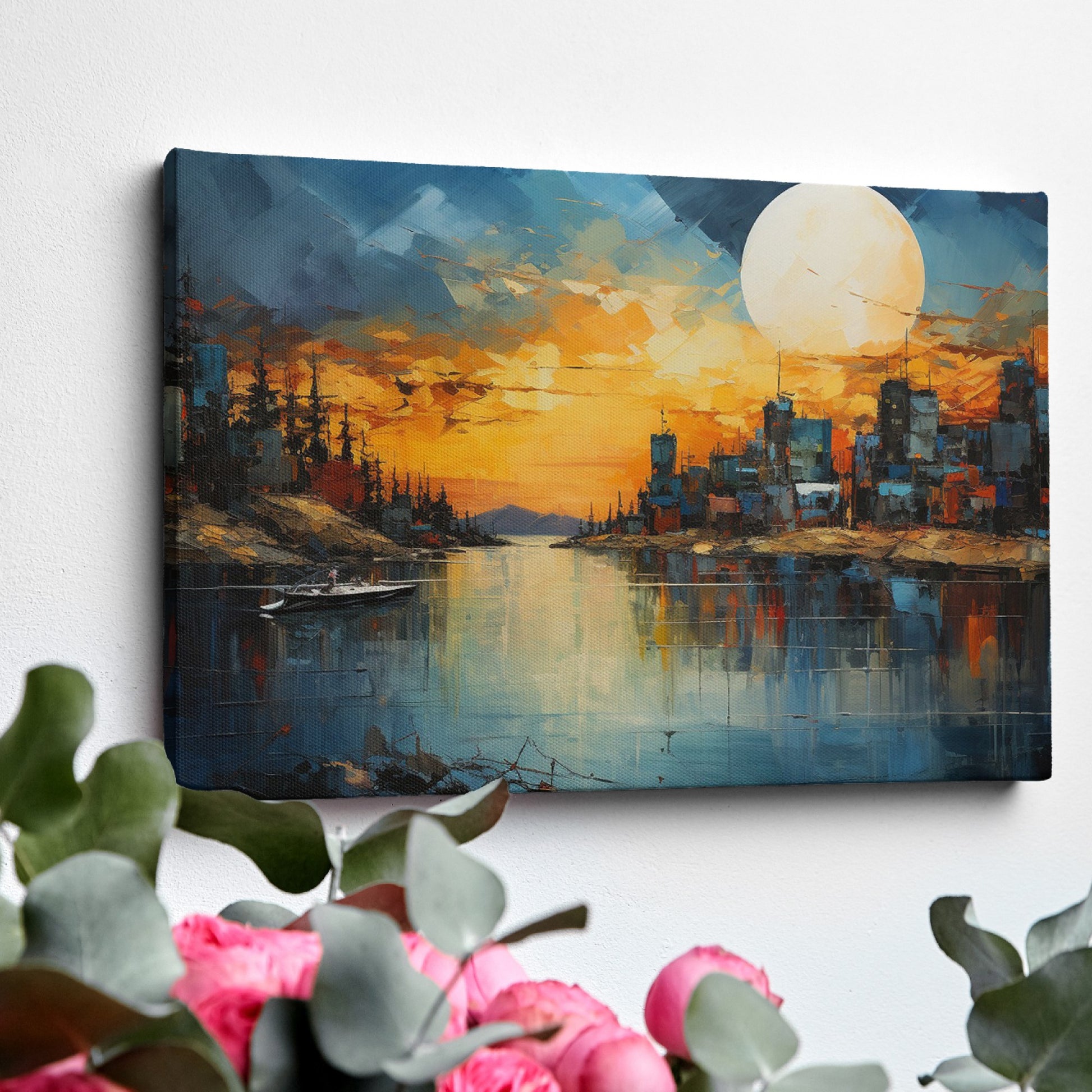 Framed canvas print of vibrant sunset with cityscape reflection over water and textured brush strokes