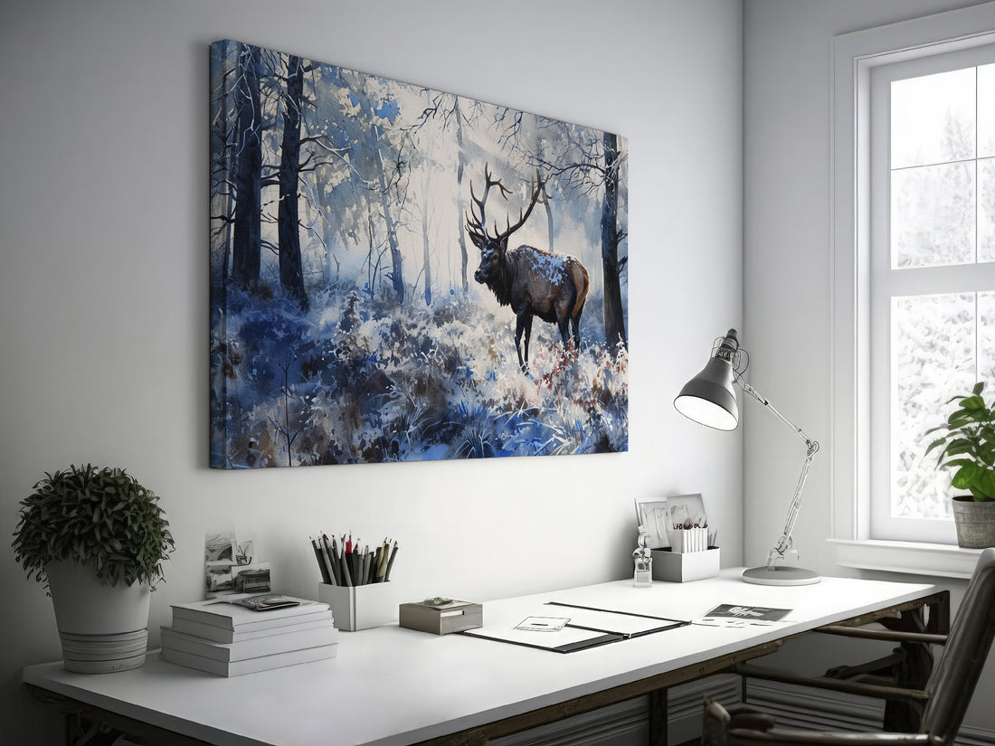 Framed canvas print of a majestic stag in a tranquil blue winter forest