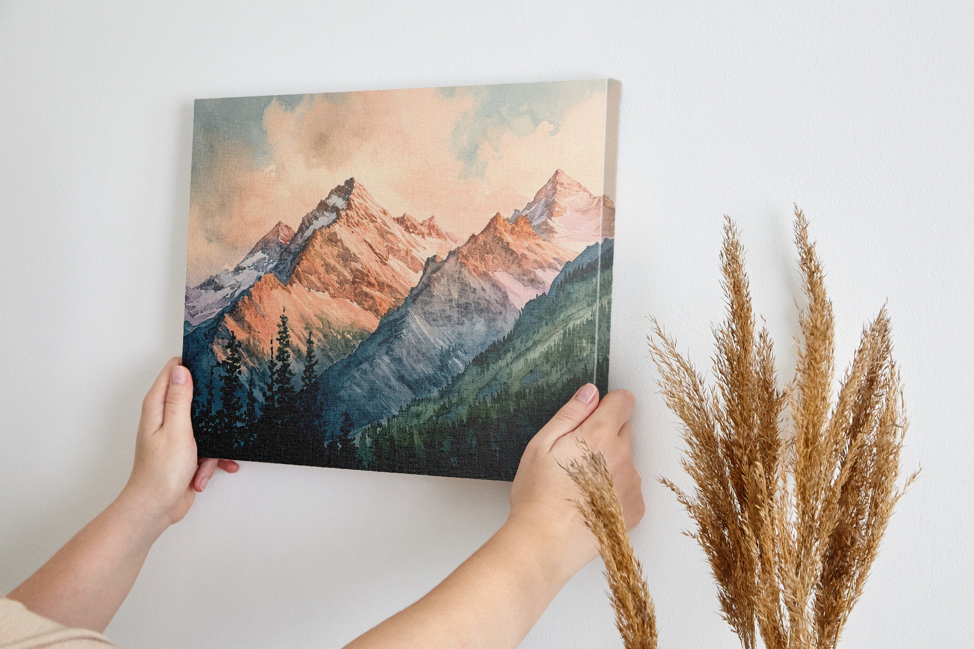 Framed canvas print of a serene watercolour mountain landscape with sunset hues