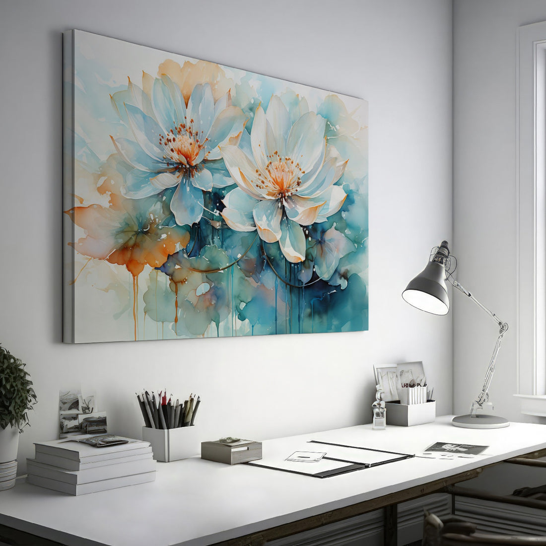 Framed canvas print of abstract watercolor lotus flowers with vibrant aquamarine and earth tones