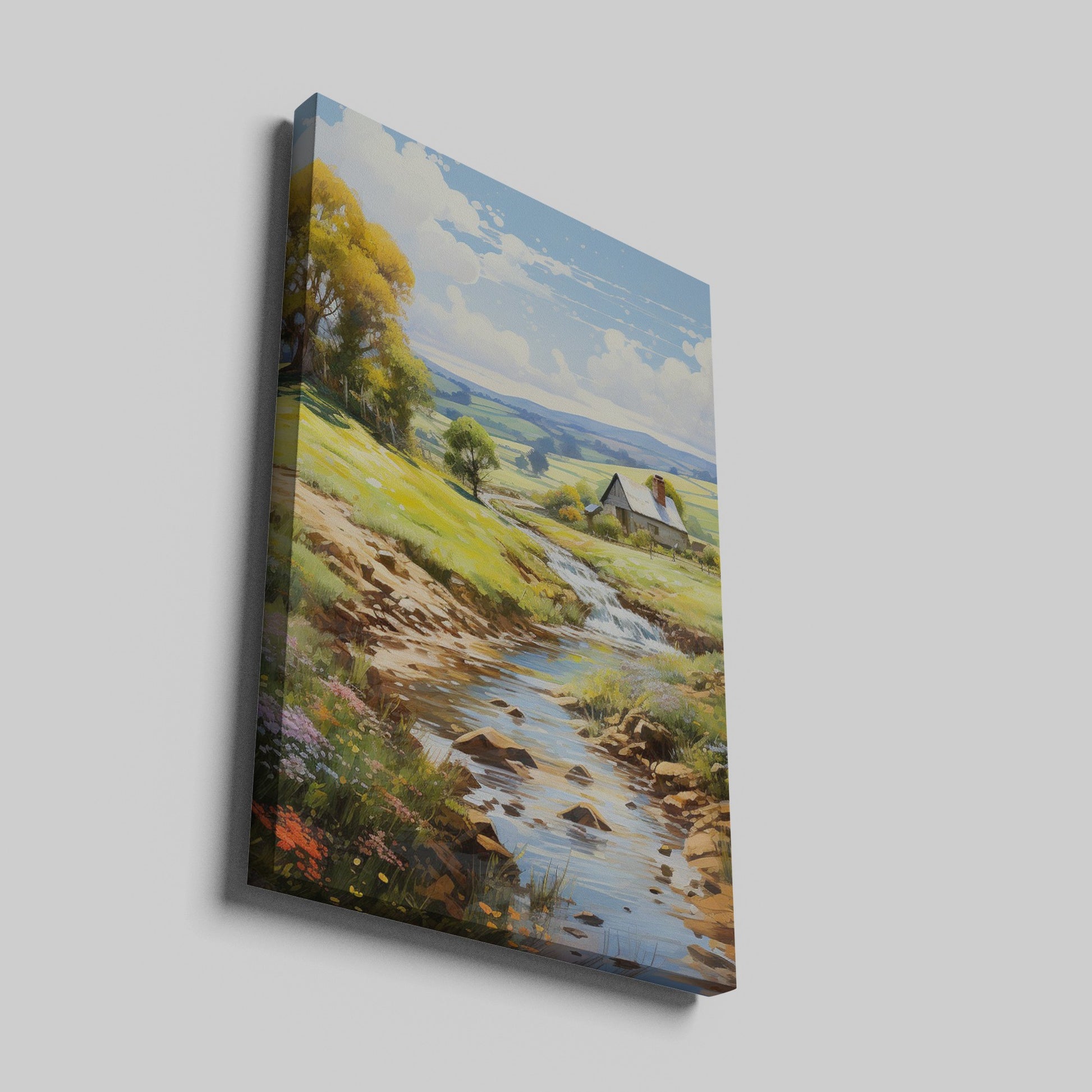 Framed canvas print of a vibrant rural landscape with a stream and cottage