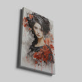 Framed canvas print of a stylised portrait of a woman with red poppies and monochrome elements