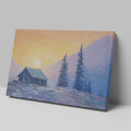 Framed canvas print of an impressionist painting with a mountain cabin at sunset