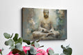 Framed canvas print of a serene Buddha in meditation with ethereal blue and earthy tones