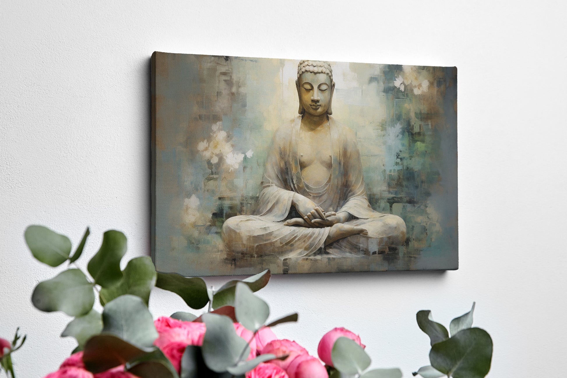 Framed canvas print of a serene Buddha in meditation with ethereal blue and earthy tones