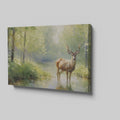 Framed canvas print depicting an impressionistic scene of a deer in a lush green forest with sunlight filtering through