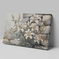 Framed canvas print of elegant white lilies with orange flowers against a rustic stone background, in watercolour style