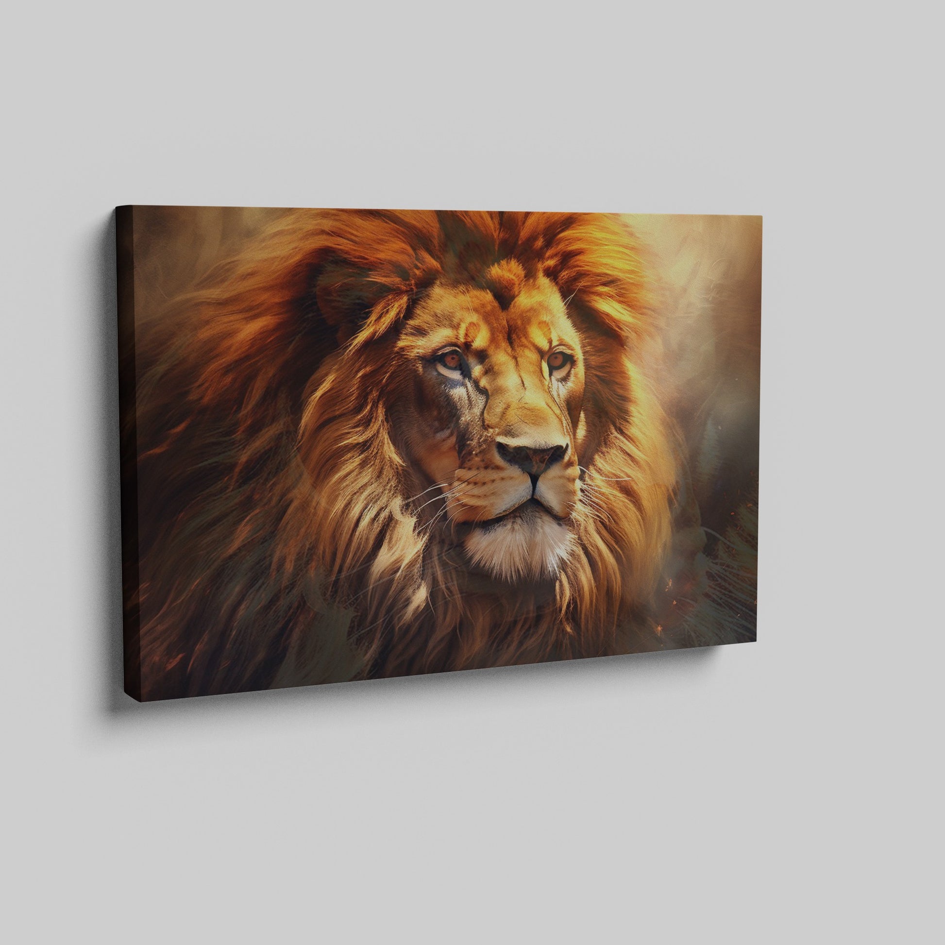 Framed canvas print of a resplendent lion with a fiery mane in earthy tones