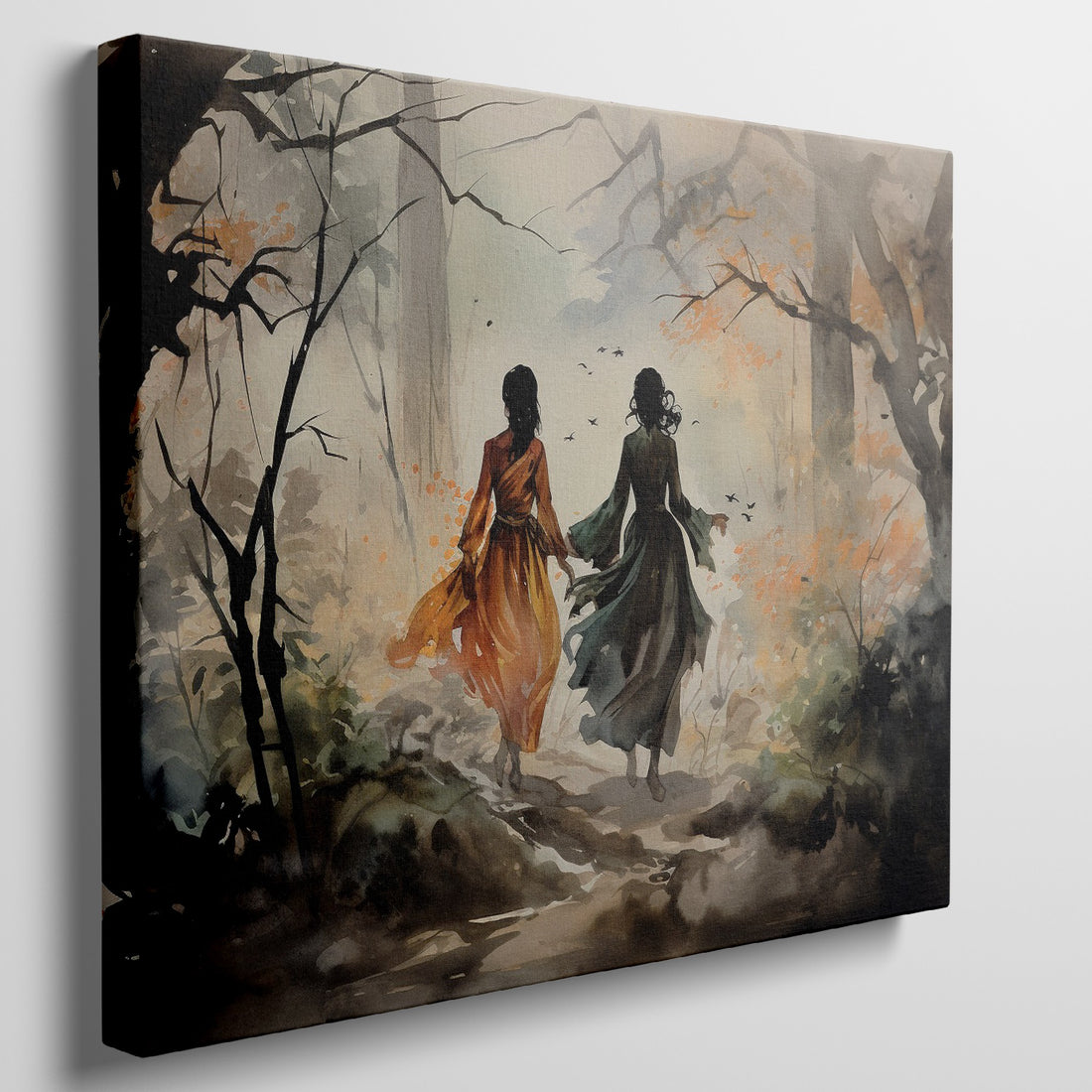 Watercolour painting of two figures walking through an autumn forest with bright orange leaves and birds in flight