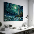 A canvas painting of a lighthouse on a cliff with a swirling starry sky and rough sea in shades of blue and green.