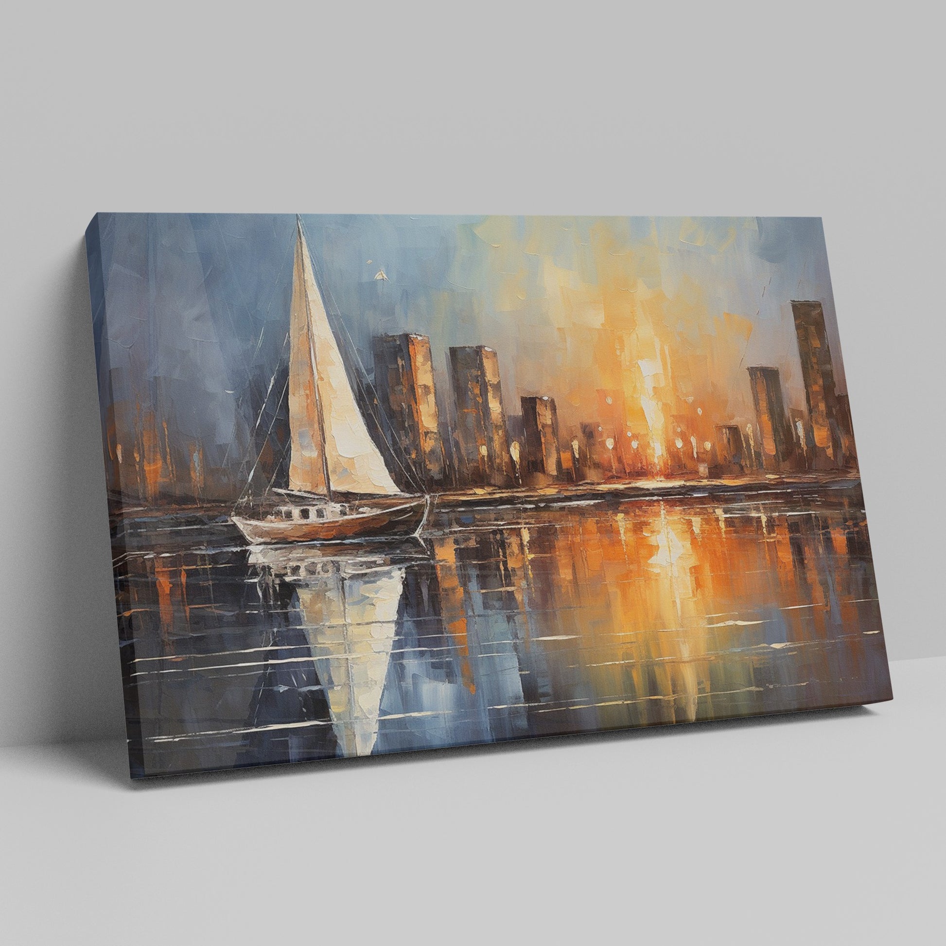 Impressionist painting of a sailboat on calm waters with a sunset reflecting off a city skyline