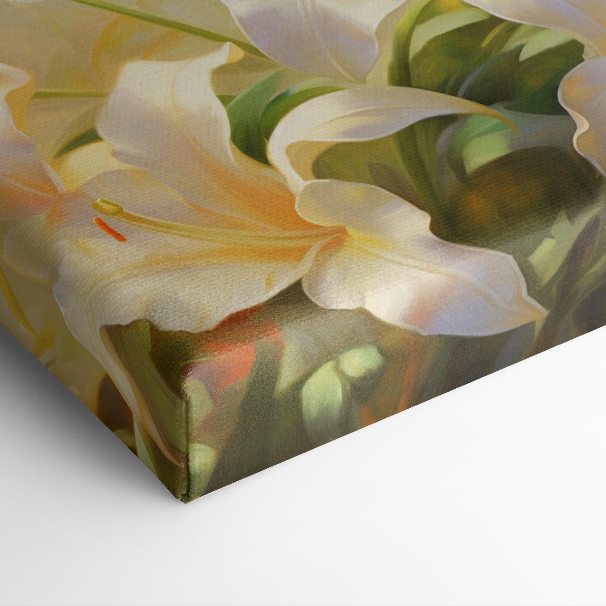 Framed canvas print of serene white lilies with a warm colour palette and lush greenery